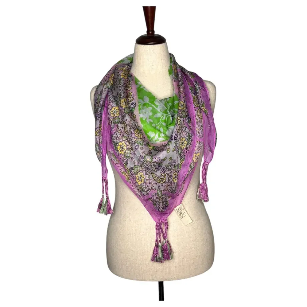 Johnny Was Silk Scarf Tassels Green Purple Floral Print Square 42x42 Bohemian